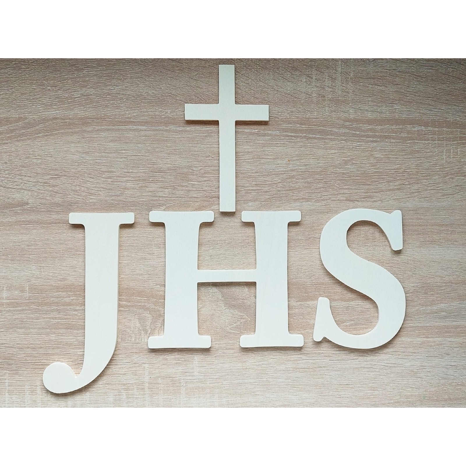 Wooden Christian inscription - JHS and a cross, width 42 cm | LYMFY.eu | First holy communion