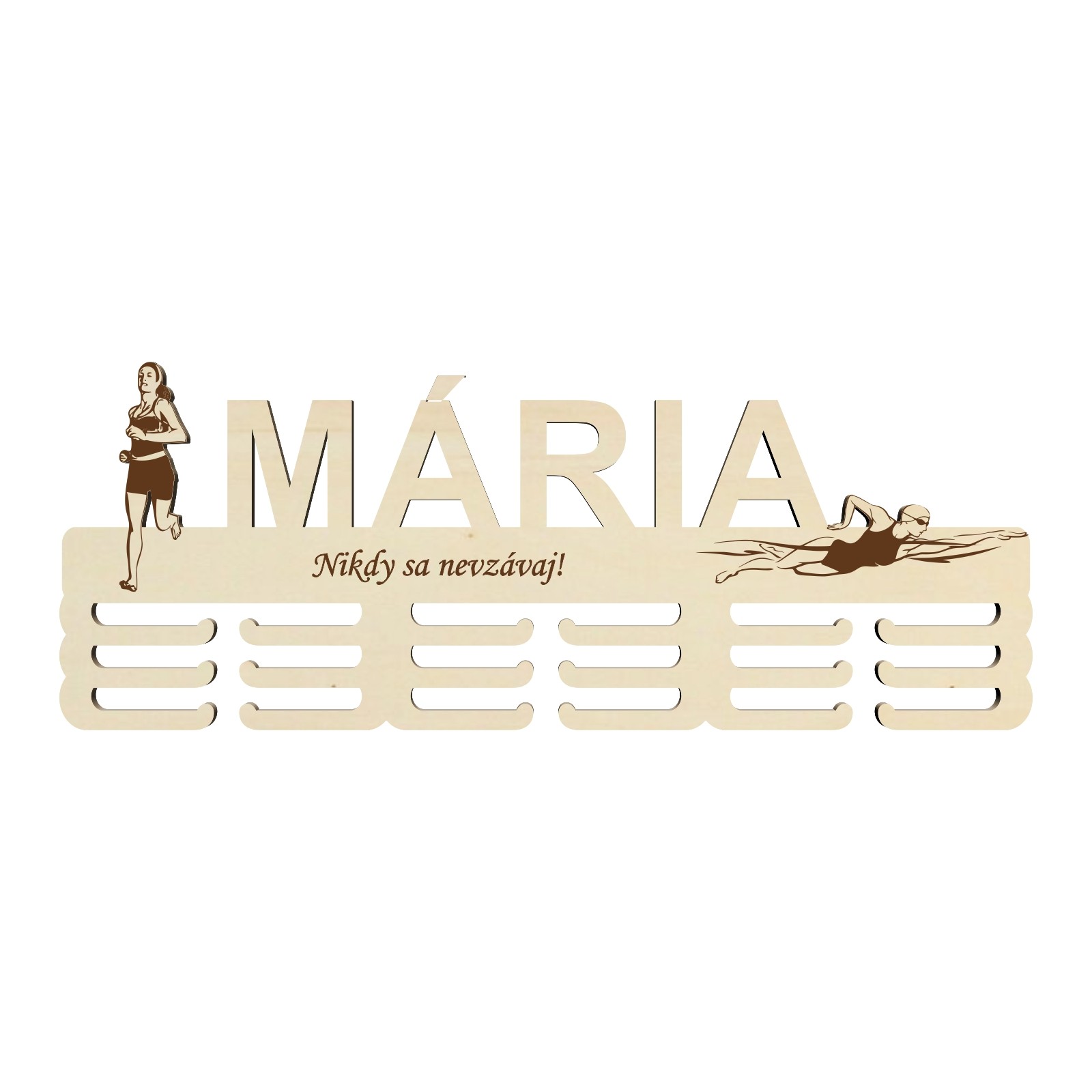 Wooden medal holder with name and lasered text 55 cm running swimming | LYMFY.eu | 55 cm medal hanger