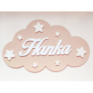 Wooden name on a cloud + stars, width 50 cm